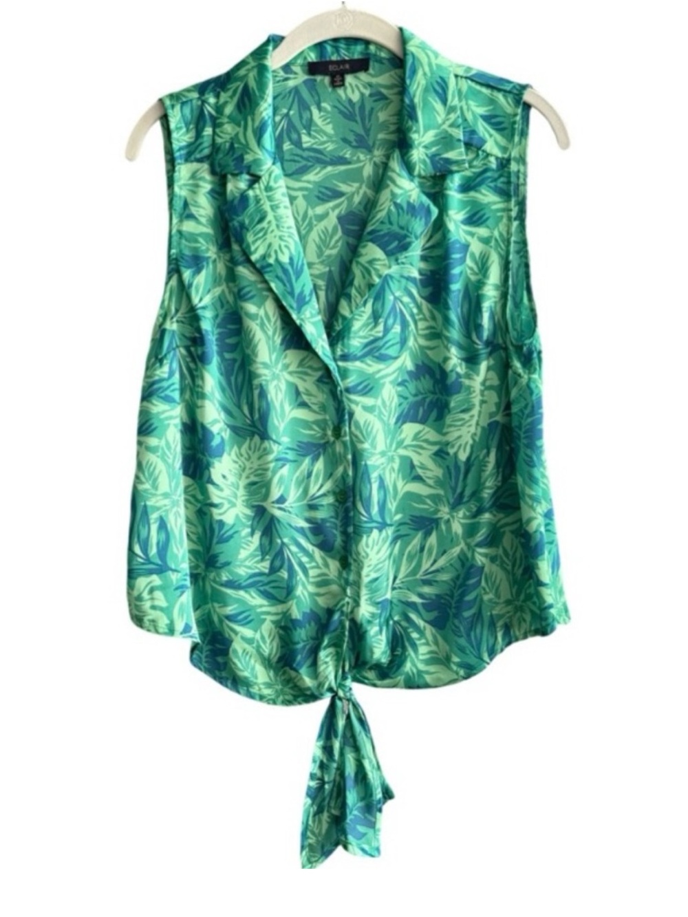 Eclair Sleeveless Tropical Print Blouse Button Down Tie Front Green Size M